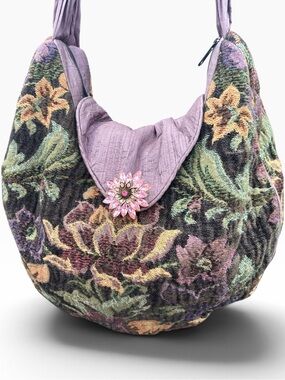 Floral Tapestry Hobo Shoulder Bag Beaded Strap Mauve Boho 17x15